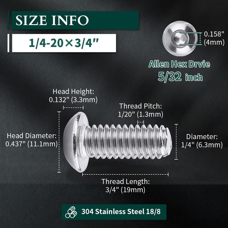 EASTLO 1/4-20 x 3/4" Button Head Socket Cap Bolts Screws, 304 Stainless Steel 18-8, Allen Hex Drive, Bright Finish, Fully Machine Thread, Pack of 25 - Image 3